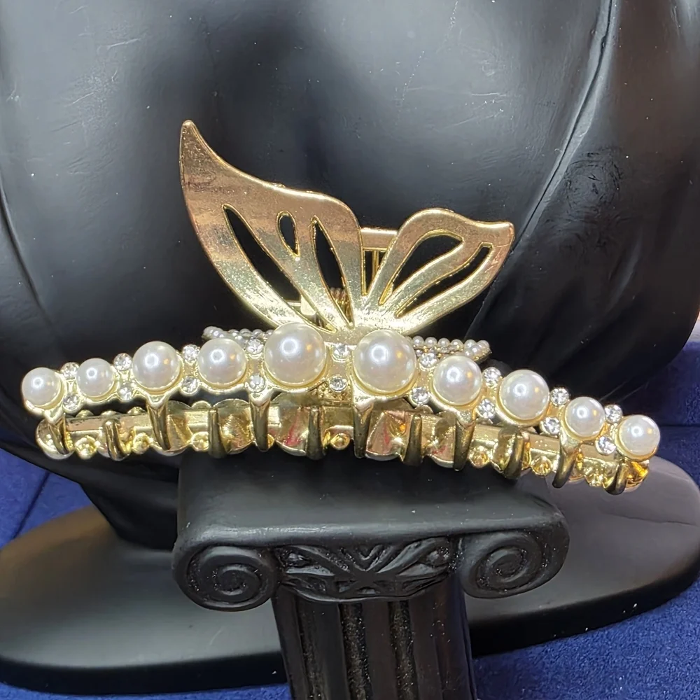 Gold Tone Pearl Leaf Hair Claw Clip Large Ornate Metal Statement 582